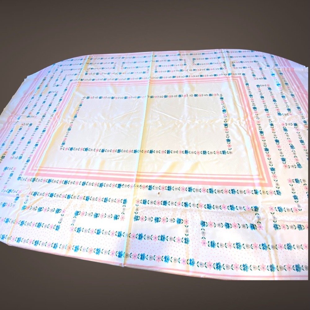 Vintage Spring Easter Tablecloth 63x51‎ Pink Blue Floral Stripes Dots - Picture 2 of 8